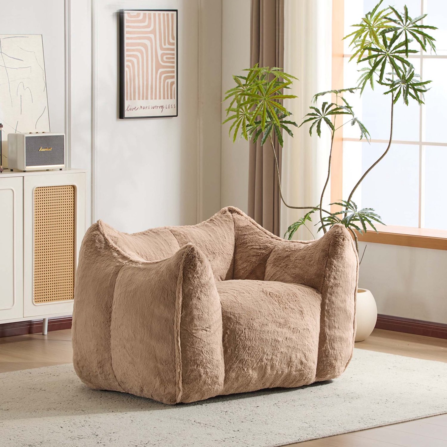CHICFURN Fauteuil - Met hocker - Kunstbont in konijnenlook - Khaki