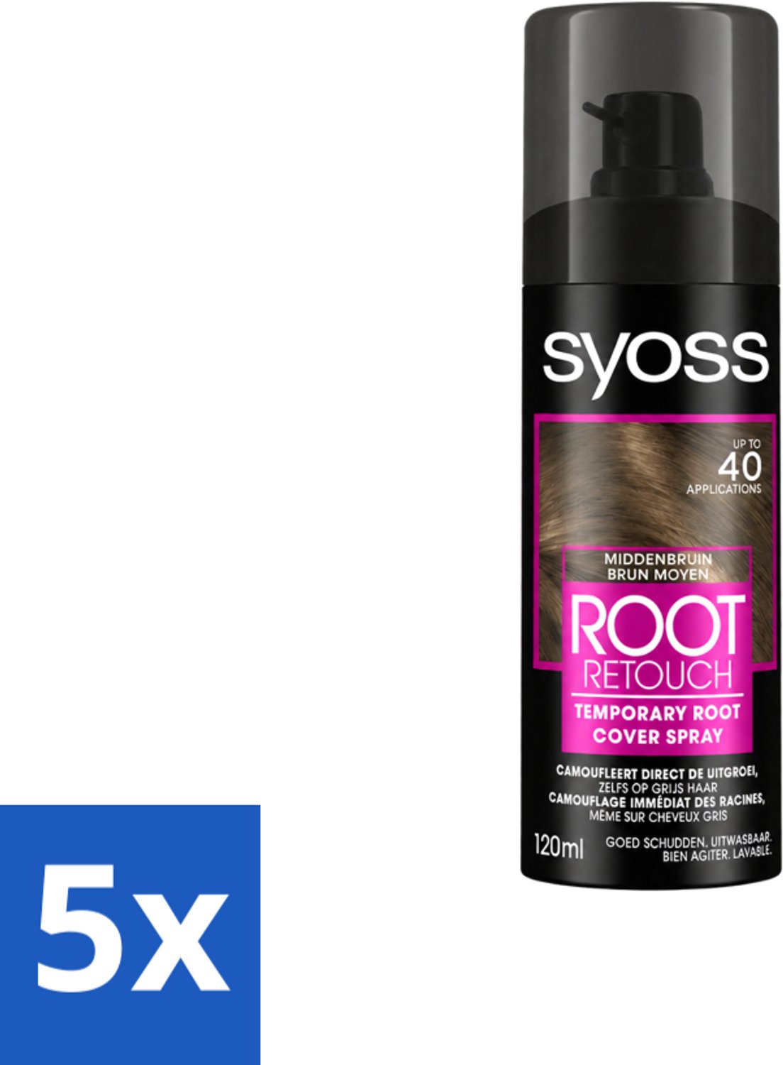 5 x SYOSS - Uitgroeispray Middenbruin - Directe Grijsdekking - Voordeelverpakking - 5 stuks