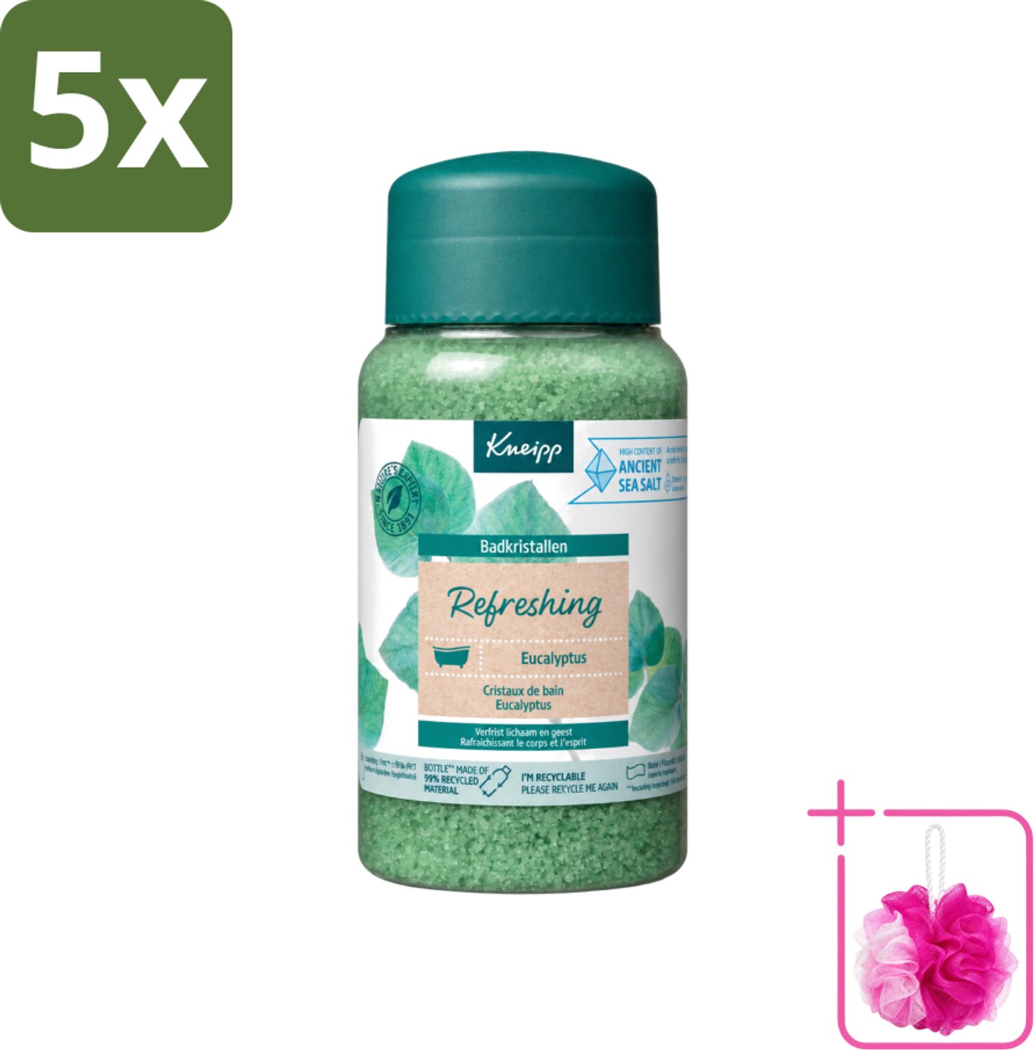 5 x Kneipp - Badzout - Badkristallen - Refreshing Eucalyptus - 600 g - Bulkverpakking - Badzout - Douchemop - Badkristallen