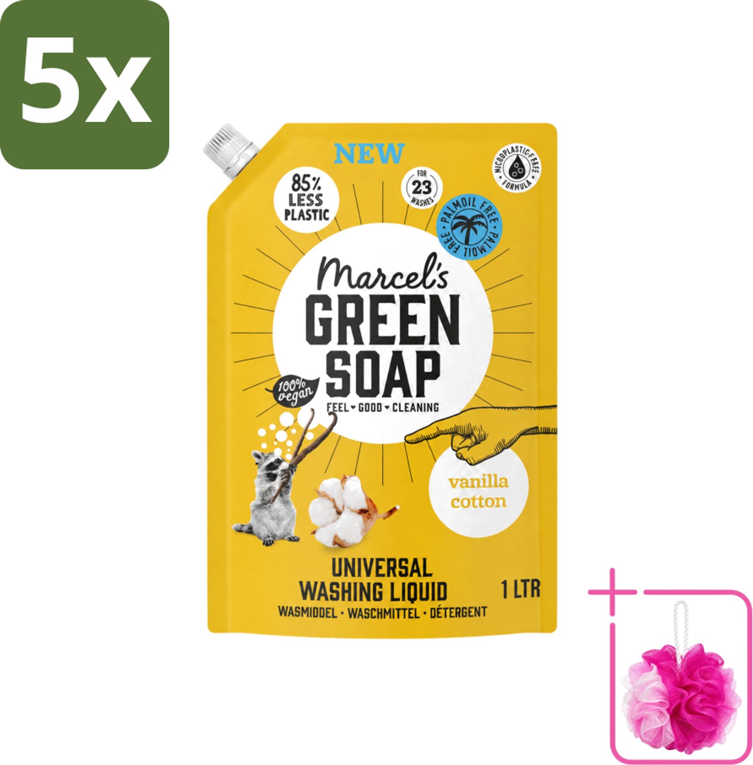 5 x Marcel's Green Soap - Vloeibaar Wasmiddel - Navulling - Vanille & Katoen - Effectief & natuurlijk - 23 Wasbeurten - 1 liter - Bulkverpakking - Wasmiddel - Douchemop - Natuurlijk wasmiddel