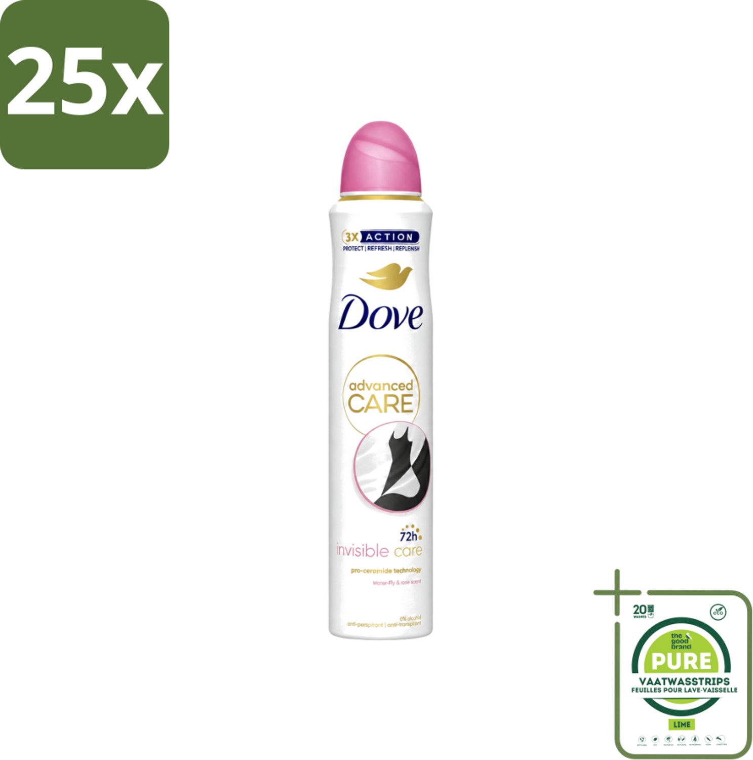 25 x Dove Deodorant Spray - Invisible Care - 200 ml - Grootverpakking - Vaatwasstrips - Dove Deodorant Spray - Onzichtbare Bescherming - Anti-transpirant - Zweetbehandeling - Geurbeleid