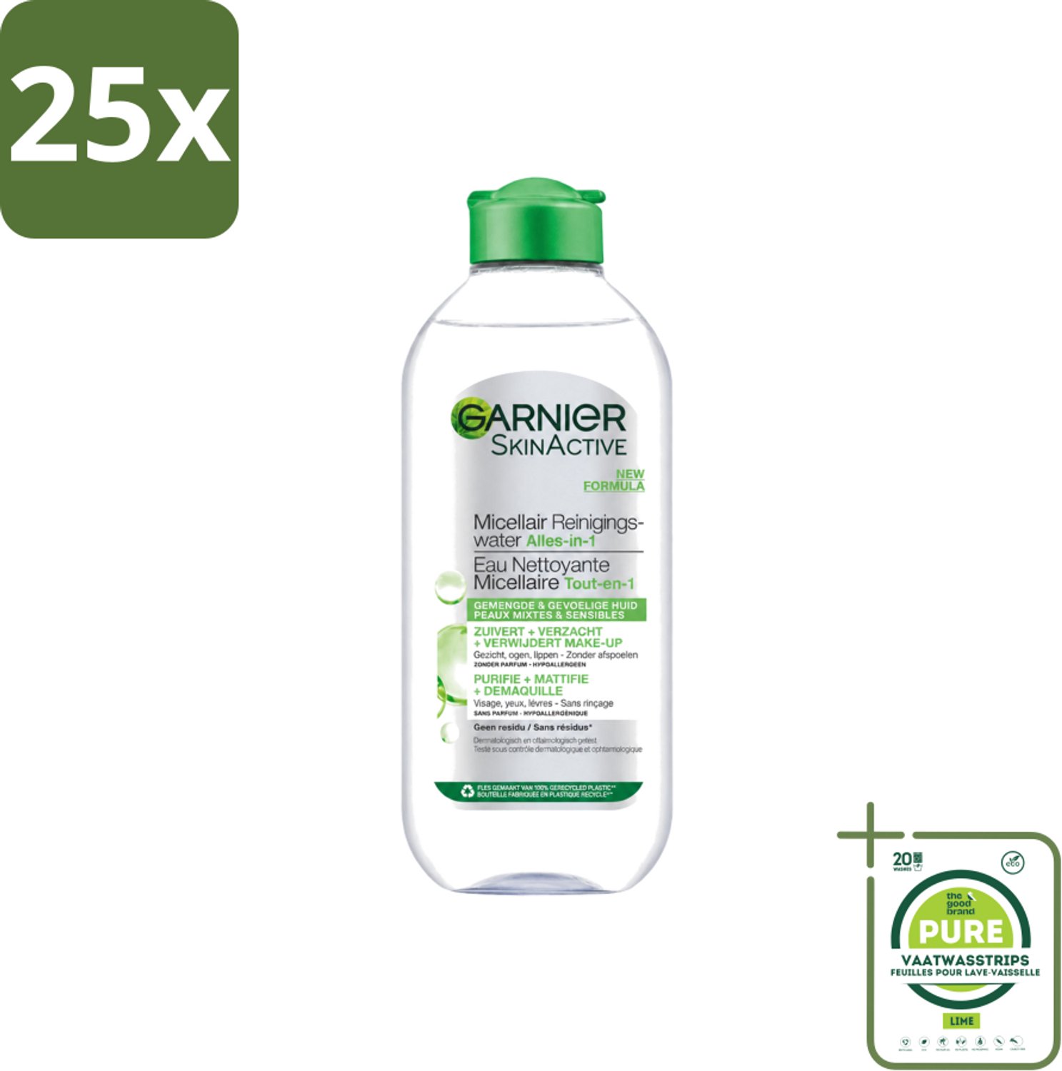25 x Garnier - SkinActive - Micellair Reinigingswater - Gemengde & Gevoelige huid - Verzachtend & Reinigend - 400 ml - Grootverpakking - Vaatwasstrips - Micellair Reinigingswater - Vette Huid - Make-up Verwijderen - Talg Verwijderen - Gevoelige Huid