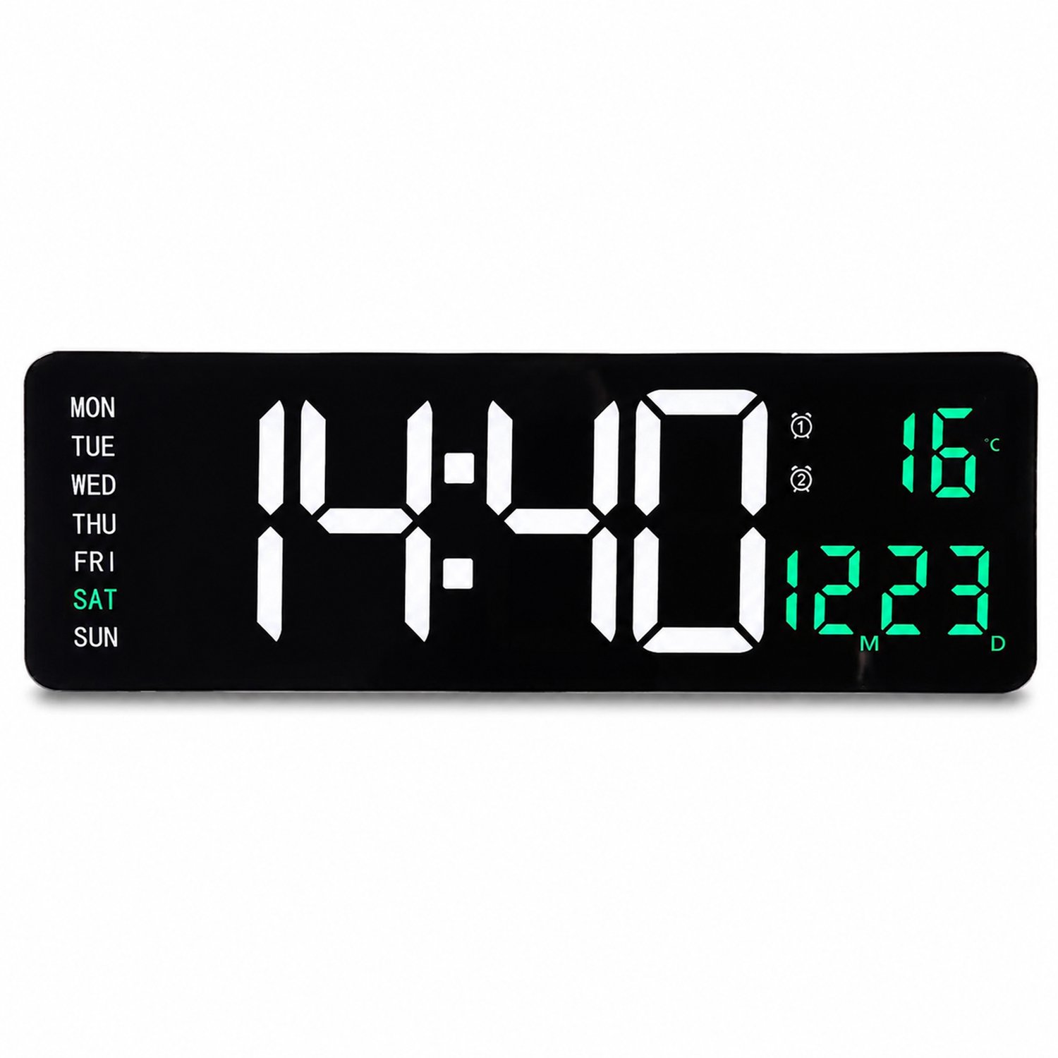 wekker - Digitale LED-wandklok met witte en groene cijfers, kalender en temperatuurweergave - Externe voeding - 3,1 cm dik