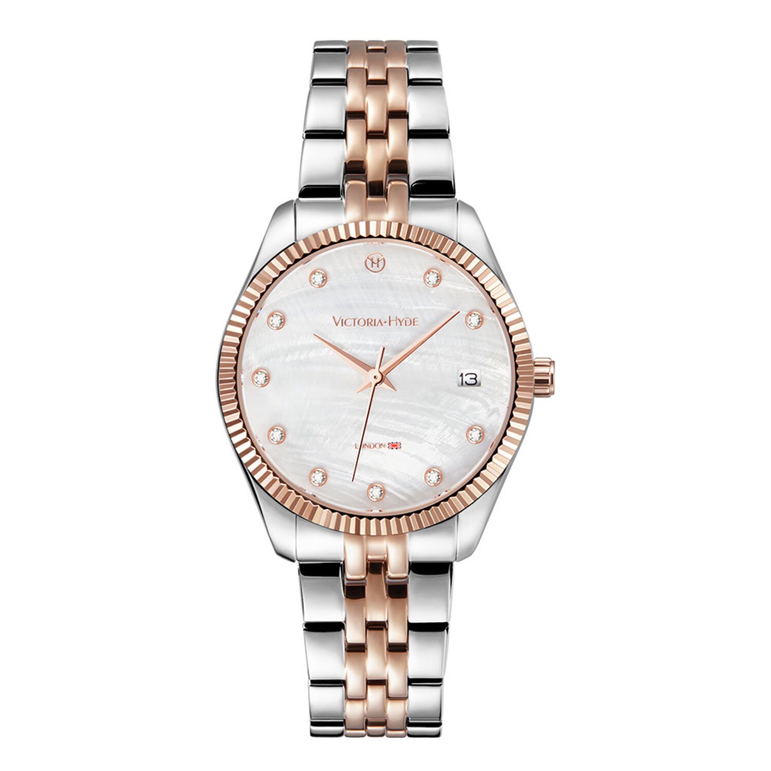Victoria Hyde "Rose Mary" - Dameshorloge - Mineraalglas - 32 mm breed - Quartz - ronde witte wijzerplaat met duidelijke cijfers - kalenderfunctie - twee kleur schakelband - Rosegoud-zilver