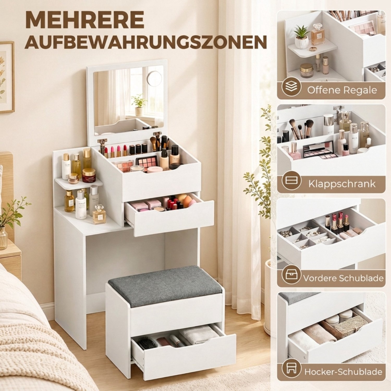 Wishdor Kaptafel met klapspiegel en kruk - Ook als schrijftafel te gebruiken - Met lades en opbergvakken - Scandinavische stijl - Voor slaapkamer en jeugdkamer - Bewerkt hout - Wit - 40 x 60 x 129,8 cm