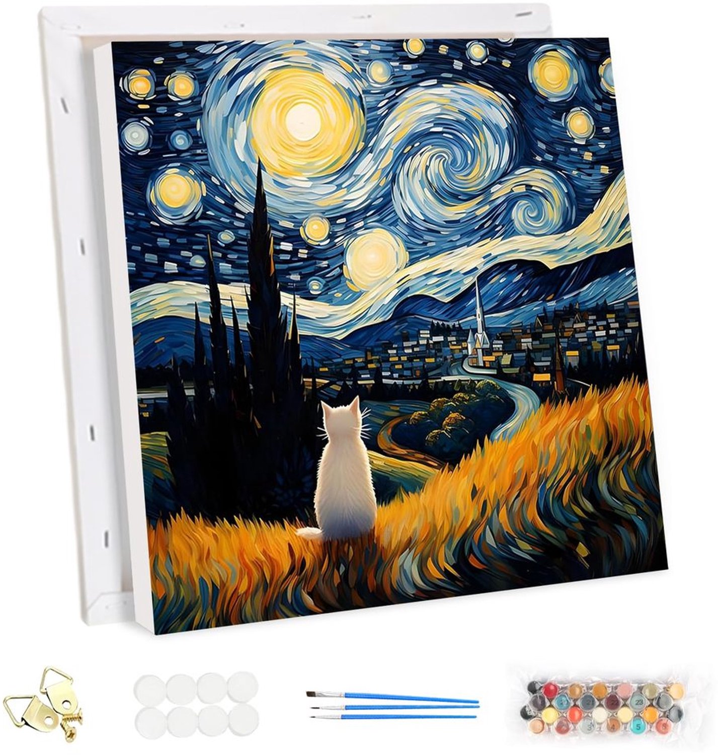 DIY Schilderen op Nummer Kit Volwassenen met Frame - Van Gogh Sterrennacht Kat - 30x30cm