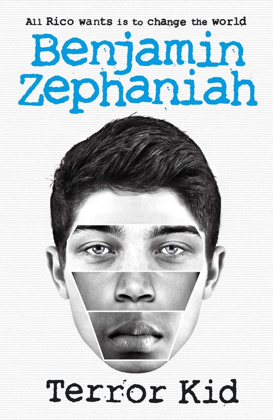 Boekomslag Terror Kid van Benjamin Zephaniah met een zwart-wit portret van een jongen wiens gezicht uit gestapelde vlakken bestaat.