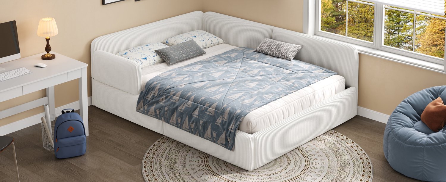 Wishdor Bedbank 140x200 cm - Gestoffeerd dagbed met opbergruimte en zijbeveiliging - Zachte bekleding en lattenbodem - Modern ontwerp voor logeerkamer en woonkamer - MDF en ribstof - Wit