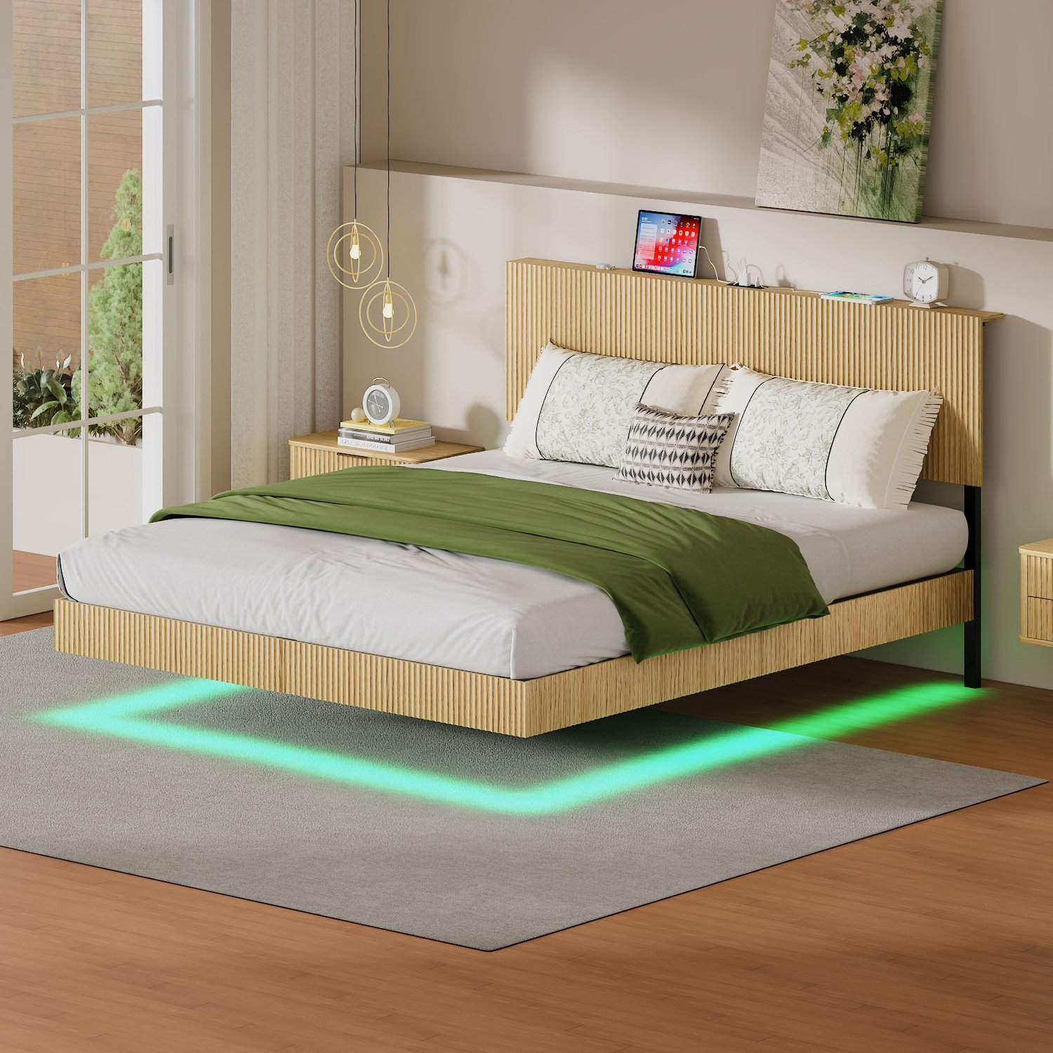 WUVRIE Bedframe 180x200 cm - Geribbeld hoofdbord met stopcontact en RGB-ledverlichting - Naturel Licht eiken