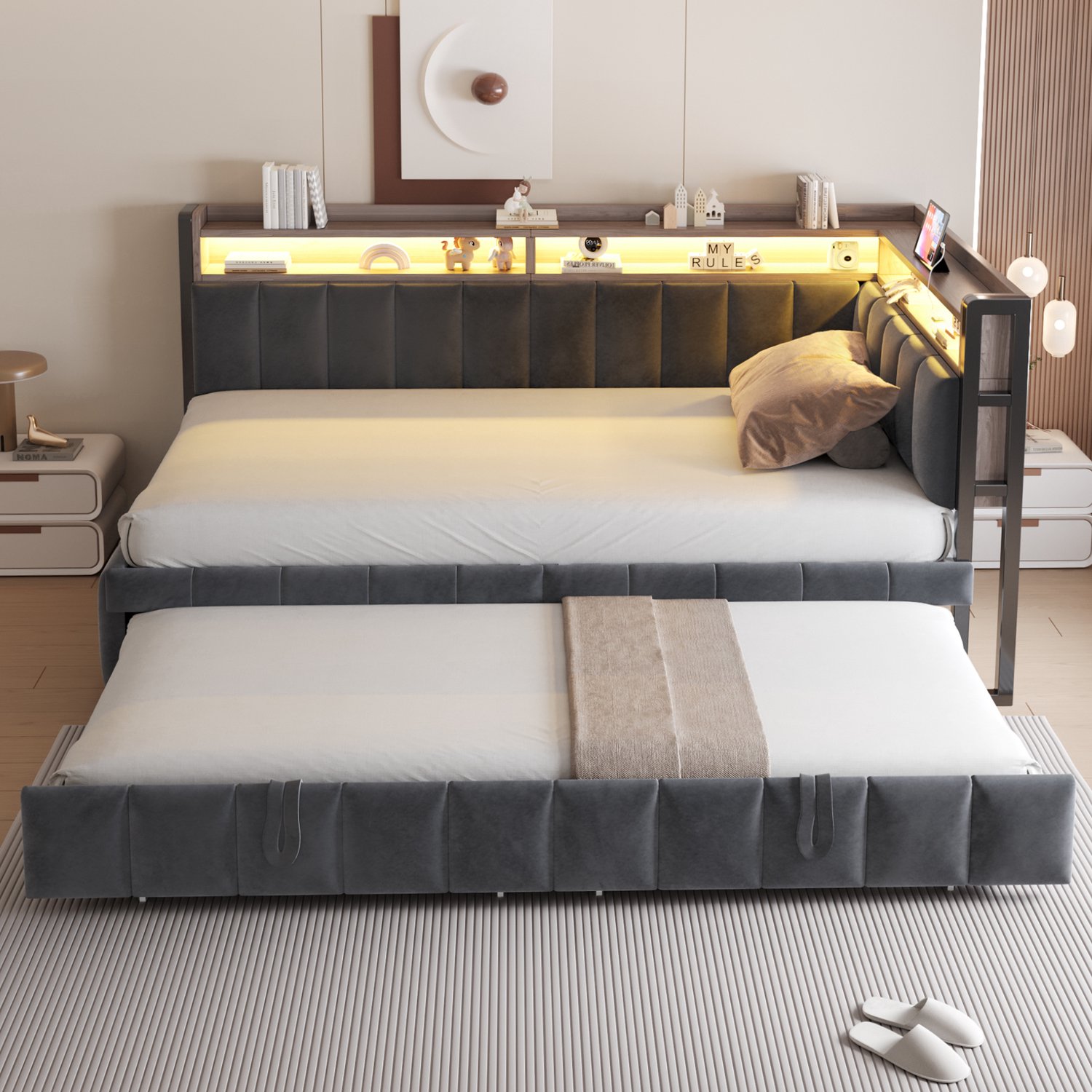 OKWISH Gestoffeerde Slaapbank 90x200 cm - Uitschuifbed met Ledverlichting - Opbergruimte en Oplaadpunten - Fluweel - Donkergrijs - Zonder Matras