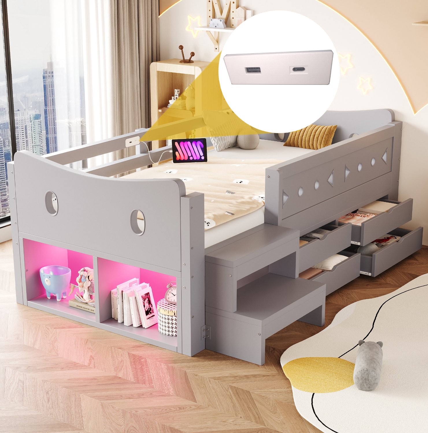 Wishdor Kinderbed 90x200 cm - Vier bedlades en opbergruimte - Uitvalbeveiliging en zijtrap met bergruimte - LED-verlichting en USB- en type-C-aansluiting - Hout en MDF - Grijs
