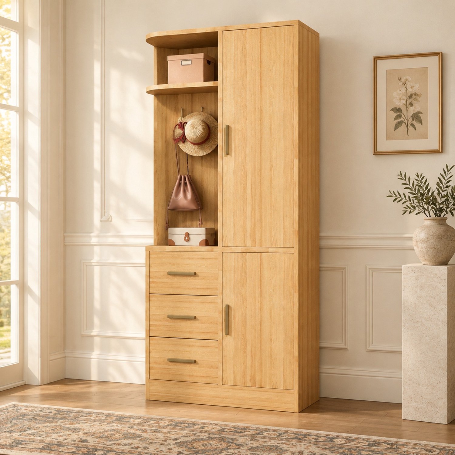 Wishdor Kledingkast met lades en hanggedeelte - Open planken en haken - Gesloten opbergruimte - Moderne vormgeving - Slaapkamer kinderkamer - Hout en MDF - Natuurlijke houtkleur - 70 x 50 x 170 cm