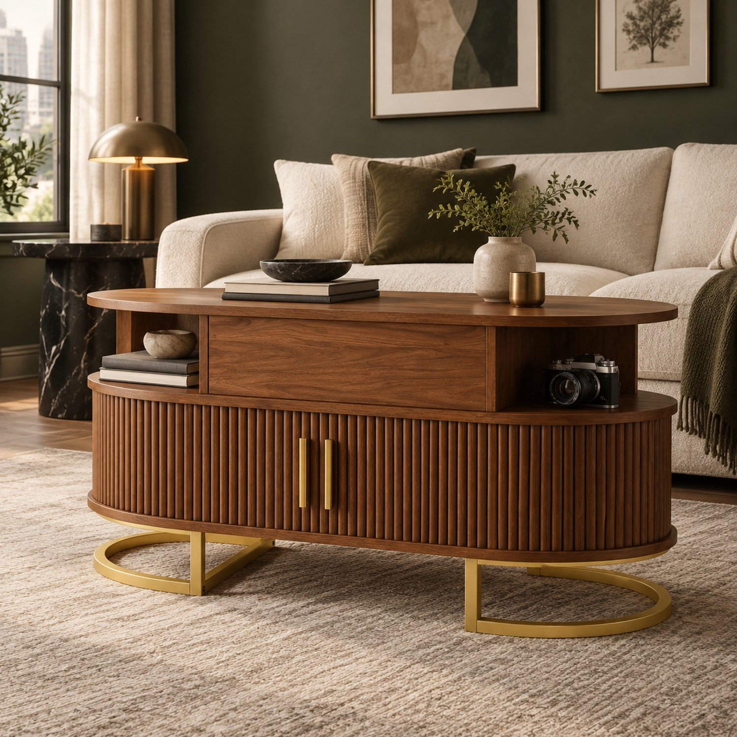 CHICFURN Salontafel 100 cm - Verstelbaar tafelblad - 2 schuifdeuren - Walnootkleur