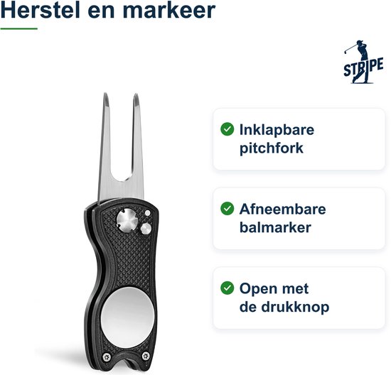 Zwarte inklapbare pitchfork met zilveren vork en balmarker. Tekst: Herstel en markeer.