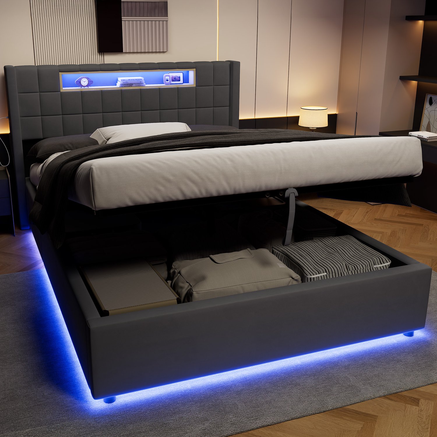 HAUSS SPOLE Gestoffeerd Bed 140x200 cm - Tweepersoonsbed Met Ledverlichting, Opbergruimte En Laadstation - Zonder Matras - Fluweel - Donkergrijs