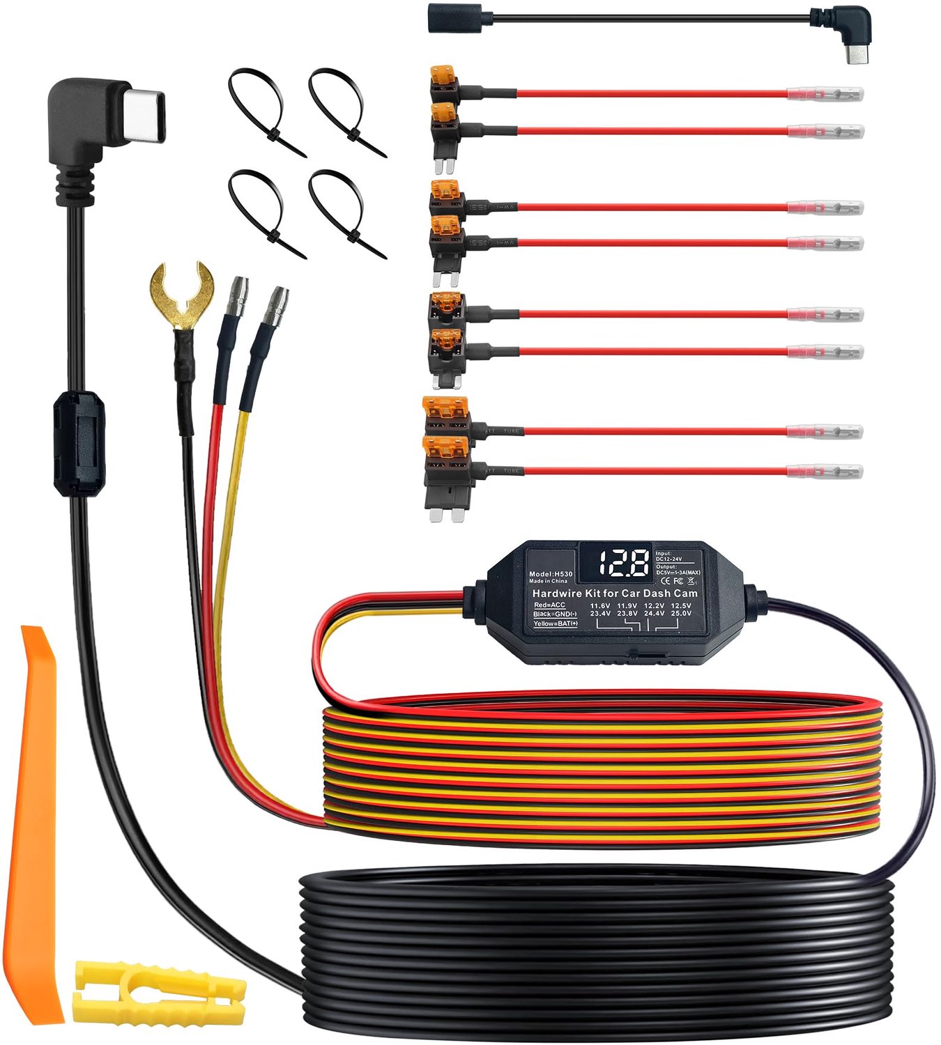 Dash Cam ACC Hardwire Kit met Spanning Weergave