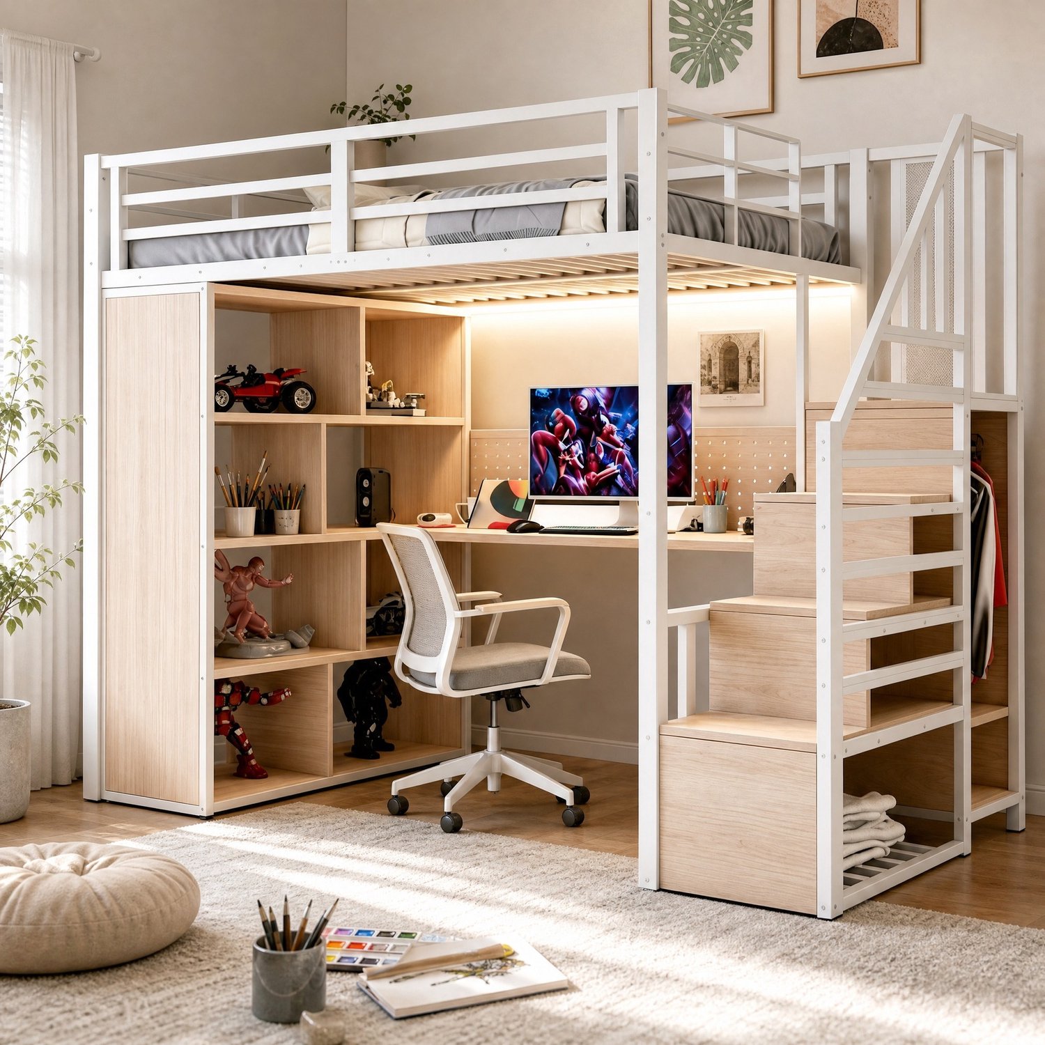 WUVRIE Hoogslaper 90x200 cm - Met bureau, opbergtrap en kledingkast - LED-verlichting - Wit