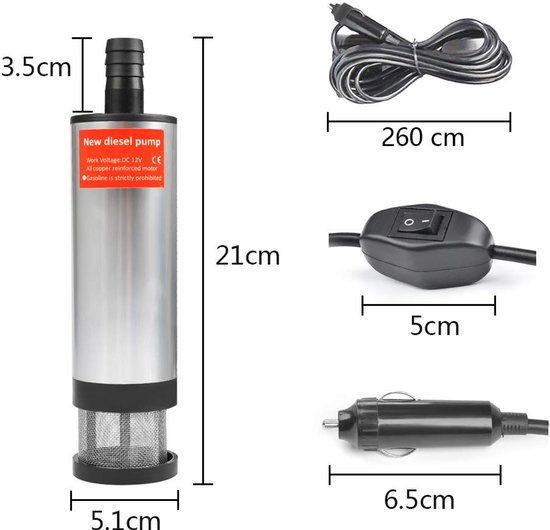 12V Dompelpomp 51mm Auto Olie Brandstof Transfer Pomp voor Water Diesel Vloeistof, RVS Voertuig Pomp met Sigarettenaansteker en Afneembare Filter Net voor Auto SUV Boot — afbeelding 2