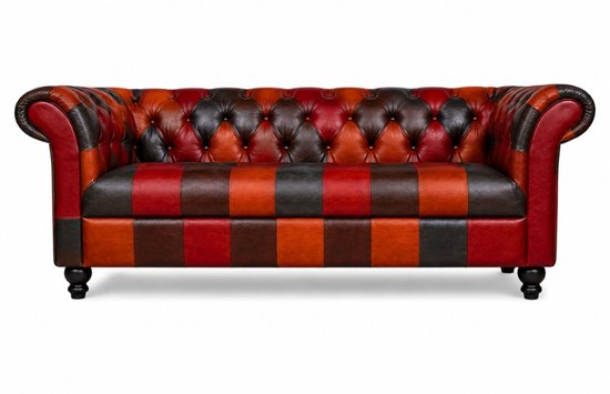 Chesterfield 3-zitsbank in een multicolor patchwork-stijl met klassieke gecapitonneerde afwerking en zwarte poten.