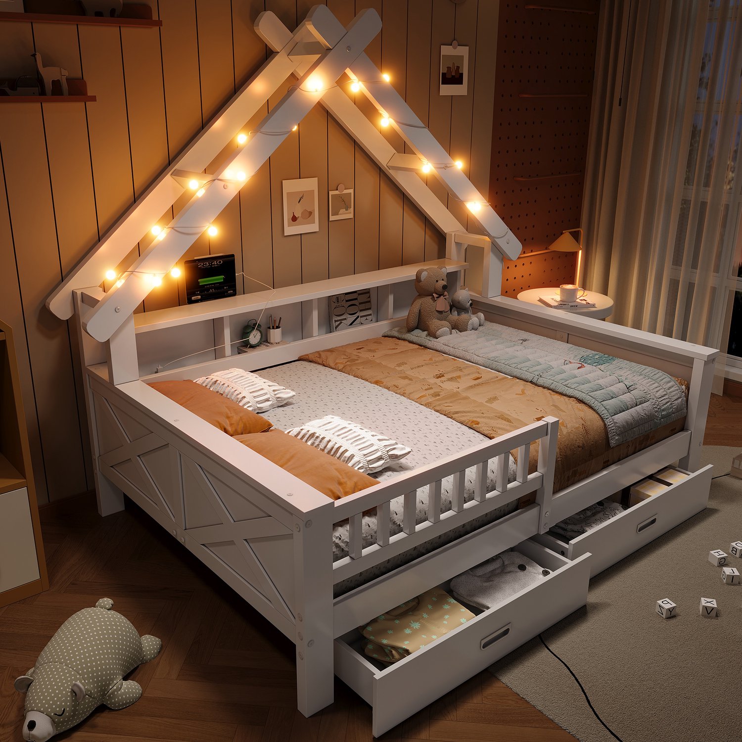 WUVRIE Huisbed 140x200 cm - Met LED-verlichting, 2 lades, planken en uitvalbeveiliging - Wit