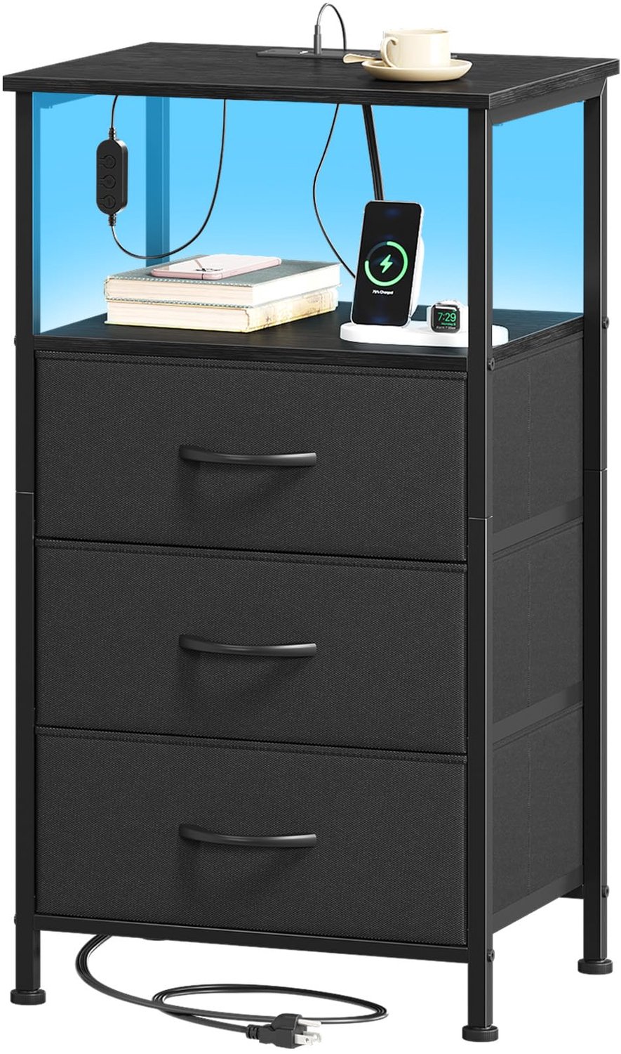 Nachtkastje met stoffen laden - Bijzettafel met 2 AC-stopcontacten - 1 USB/Type C - Opbergkast voor slaapkamer - 30D x 40B x 72H - Milieuvriendelijk MDF