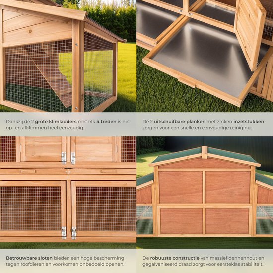 Details van het houten konijnenhok: loopplanken, uitschuifbare zinken lades, afsluitbare deuren en stevige constructie.