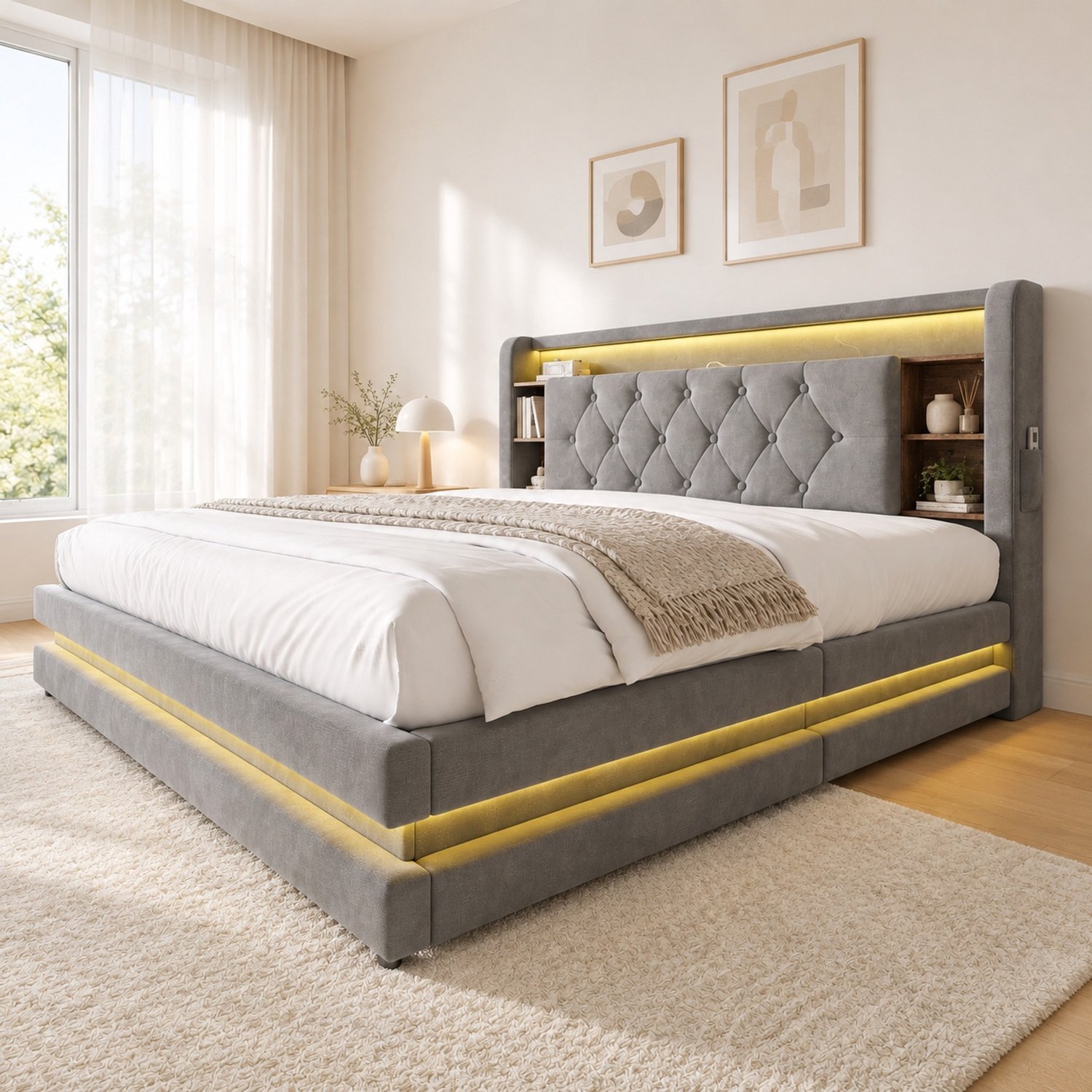 WUVRIE Gestoffeerd opbergbed 160x200 cm - LED, USB en Type-C - Donkergrijs