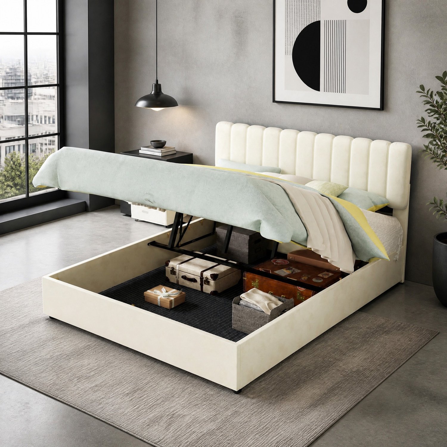 WUVRIE Gestoffeerd bed 160x200 cm - Opbergruimte met gaslift en zacht hoofdbord - Beige