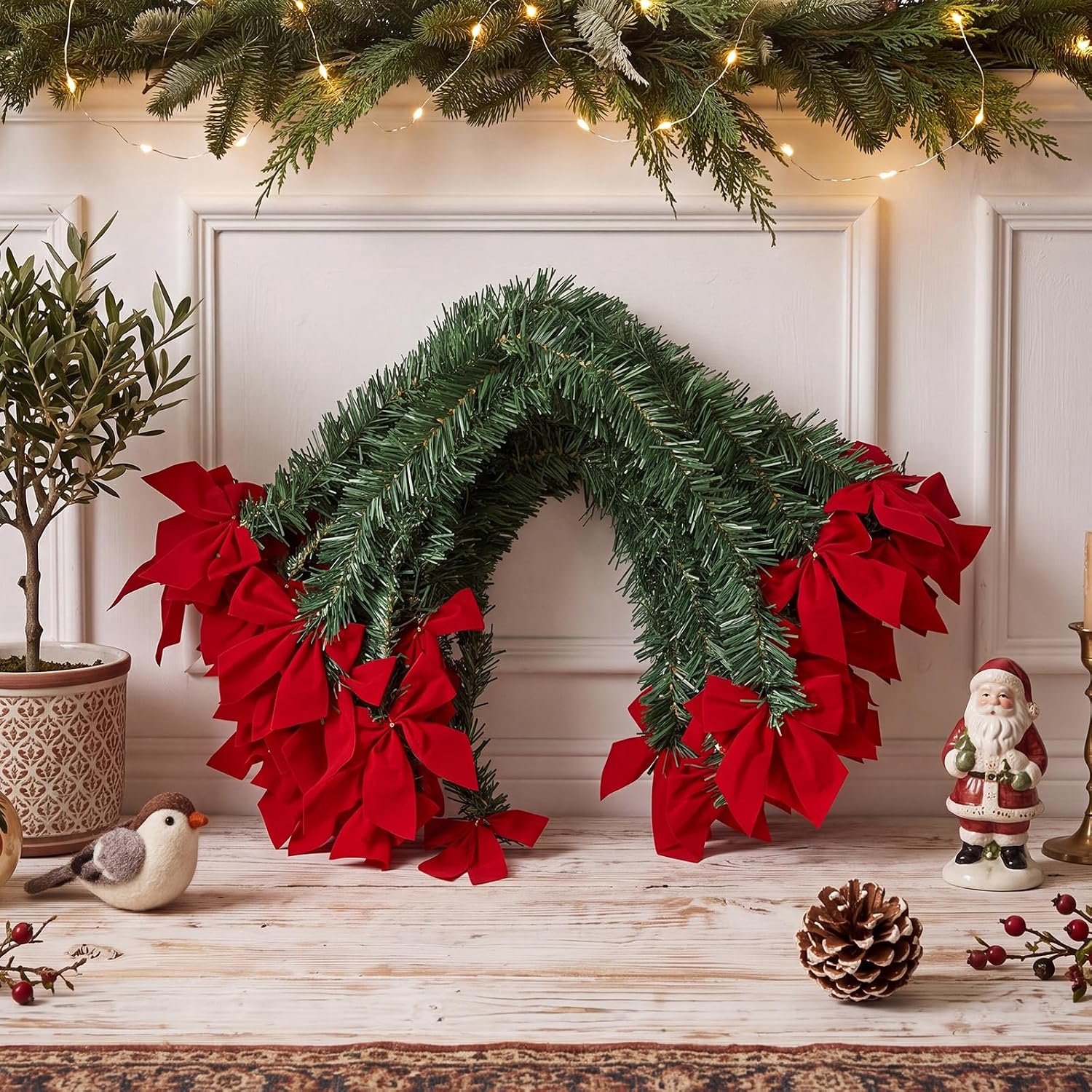 Kerstslinger - 30 Kerst-Bevestigingsbinders met Rode Strik - Kerstguirlande - Ca. 50 cm - Herbruikbaar - Feestelijk - Voor Trapleuningen, Kransen, Slingers & Cadeauverpakking - Kerstdecoratie voor binnen – foto 2