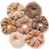 Set 7 Scrunchies - Bruin - Beige - Pluche - Teddy - Fluffy - Luxe - Leuk Als Cadeau - Haaraccessoires - Meisjes - Dames