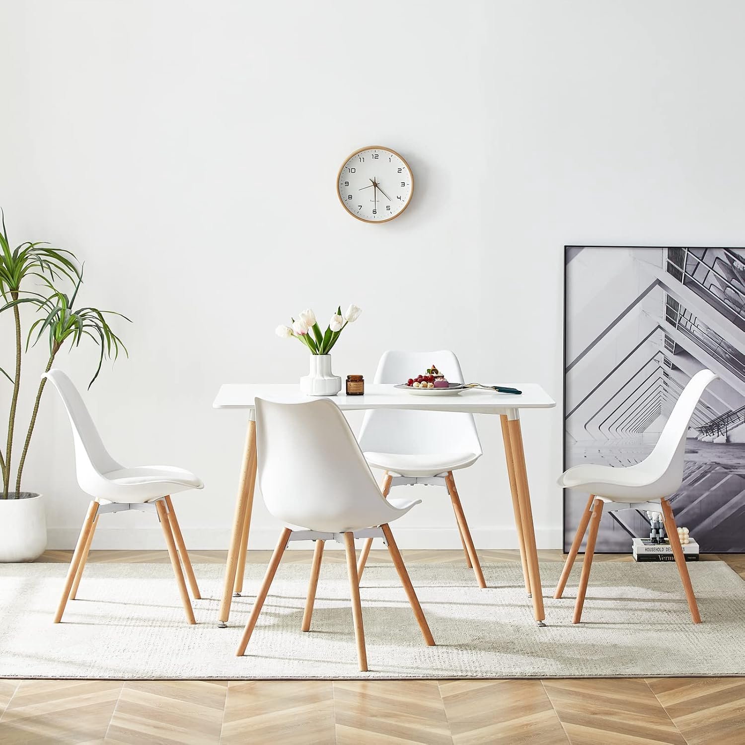 Moderne Witte Eettafel met 4 Eetkamerstoelen – Rechthoekige Scandinavische Eetset voor Keuken, Eetkamer en Woonkamer, Tafel 110 x 70 x 74 cm, Ergonomische Stoelen met Zachte Zitting