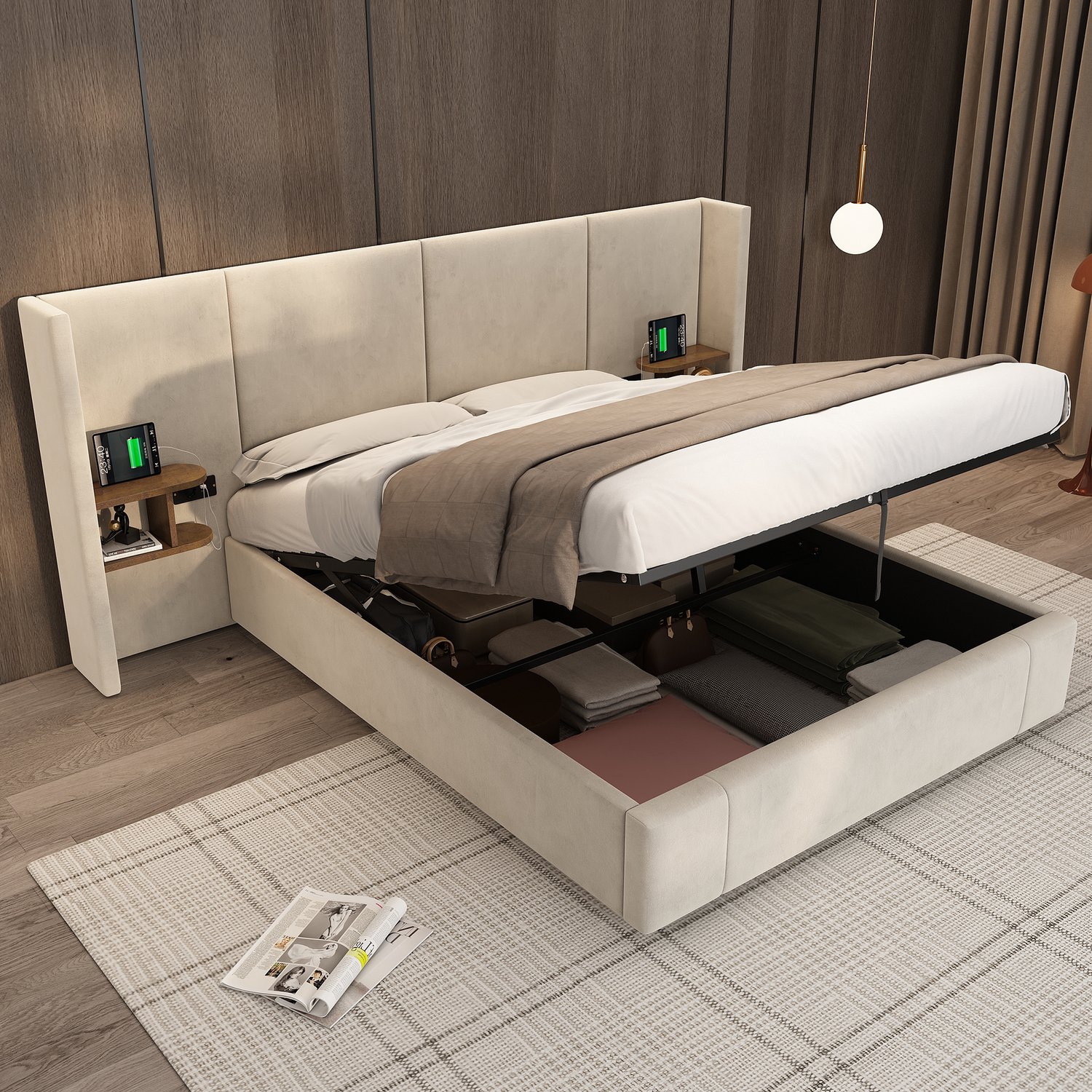 WUVRIE Gestoffeerd bed 160x200 cm - Hydraulische opbergruimte en 2 nachtkastjes - USB en stopcontacten - Beige