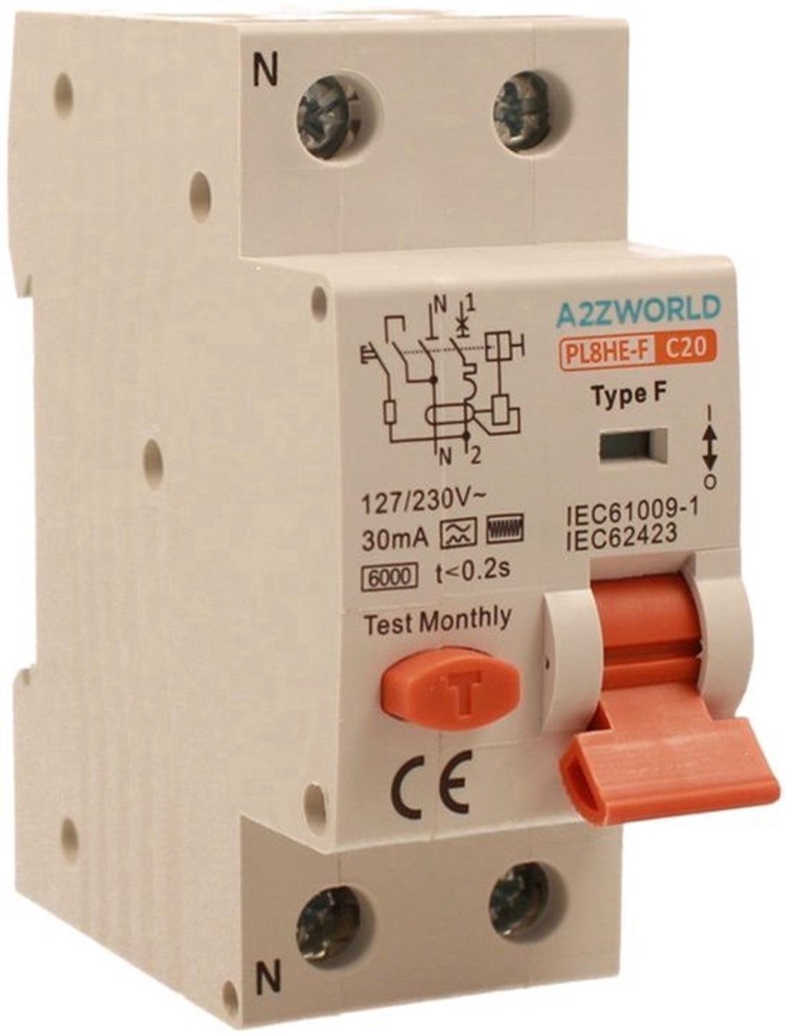 Magnetothermische differentiaalschakelaar, type F 20A C20, RCBO type F curve C 6 kA 30 mA, 1P+N 2 DIN-modules, voor warmtepompen, airconditioning, wasmachines, door inverters aangestuurde motoren
