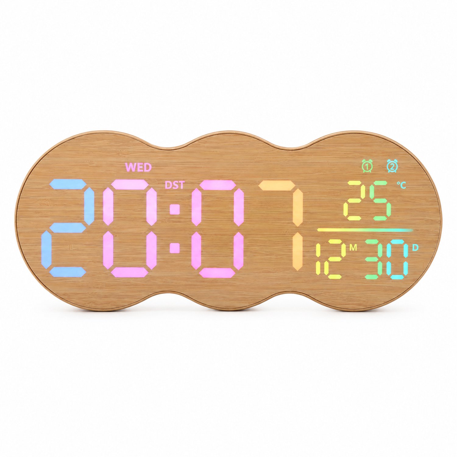 LED-wandklok met wekker - Meerkleurige tijdweergave, kalender en afteltimer - Gele houtlook met golvende contour - Externe voeding