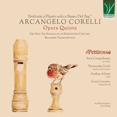Aquarel van een blokfluit en een roodborstje op een beige achtergrond voor het album Opera Quinta van Arcangelo Corelli.