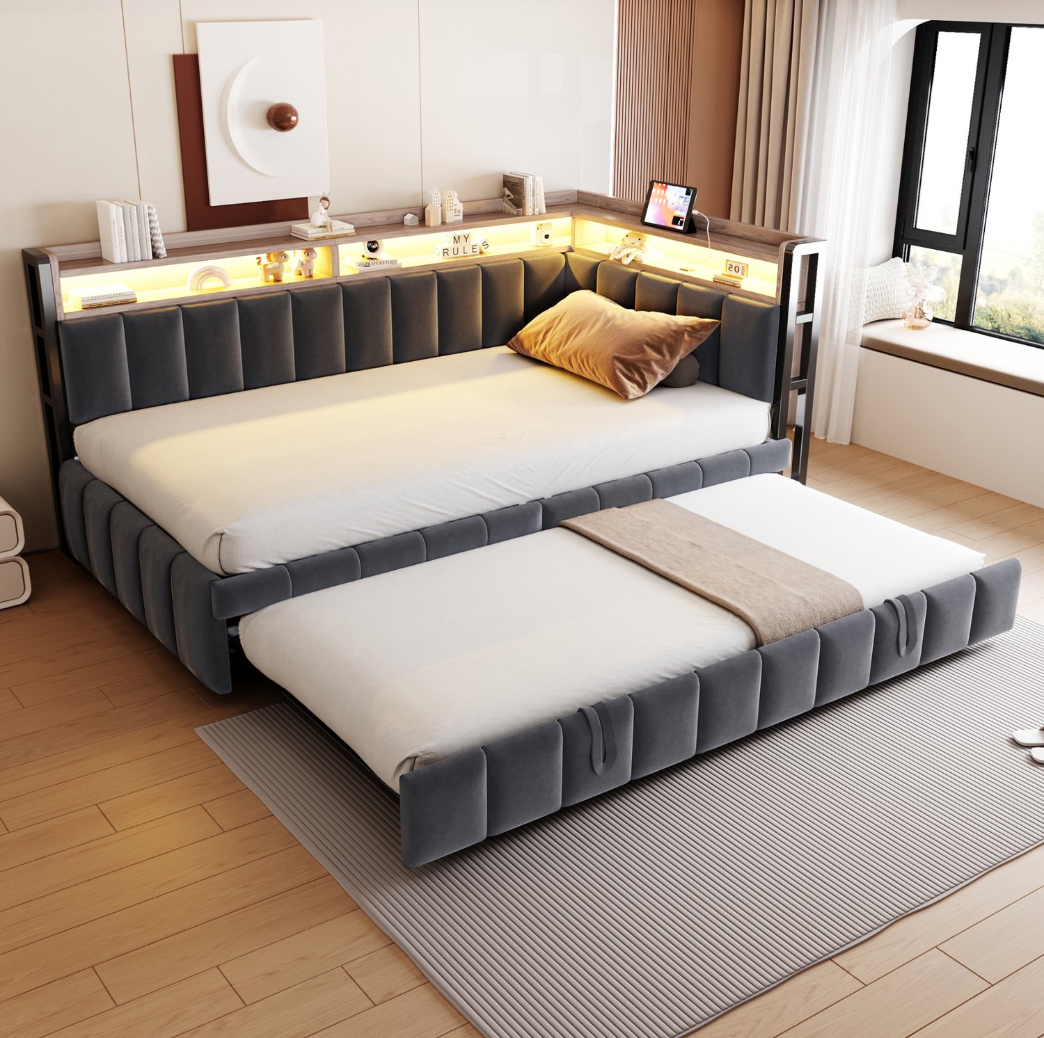Wishdor Slaapbank 90x200 cm - Uitschuifbaar extra bed - Opbergruimte, verstelbare LED-verlichting en USB- en Type-C-aansluiting - Gestreept fluweel - Woonkamer logeerkamer - Donkergrijs