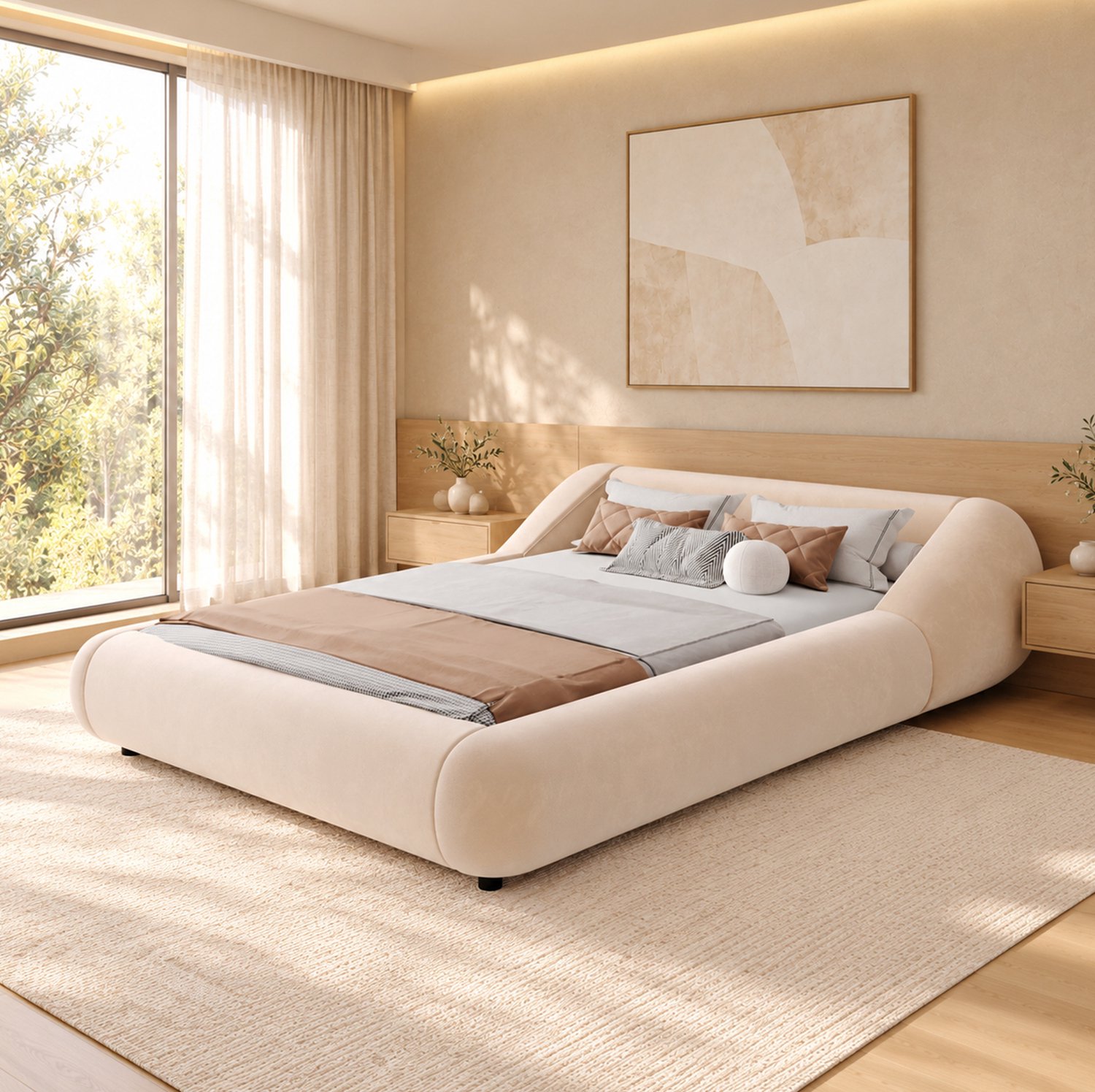 OKWISH Gestoffeerd Bed 140x200 cm - Omsluitend Hoofdbord - Zwevend Effect met Ledverlichting - Lattenbodem - Fluweel - Zonder Matras - Beige