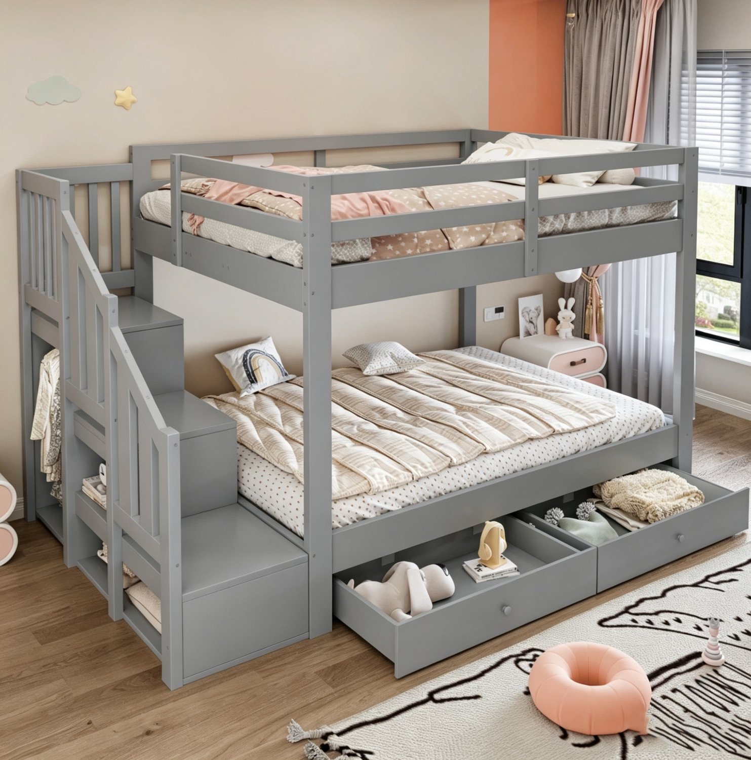 STILVORA Stapelbed 140x200 cm – Opbergtrap met Kledinghaak – Veiligheidshek en Twee Bedladen – Hout en MDF – Grijs – Zonder Matras