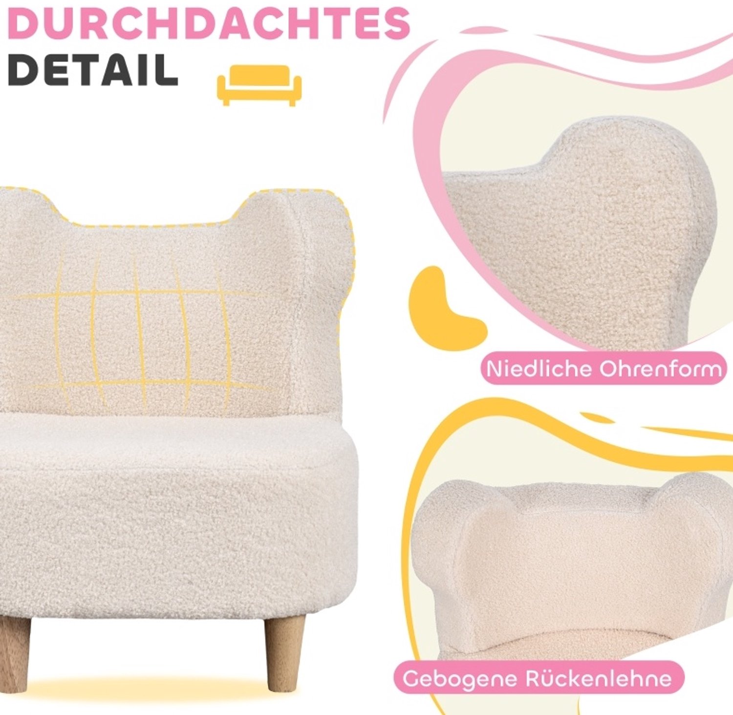 MIVRAY Kinderfauteuil 47 x 43 x 53 cm - Berenoren en Zachte Schuimvulling - Voor de Kinderkamer - Teddystof en Hout - Beige