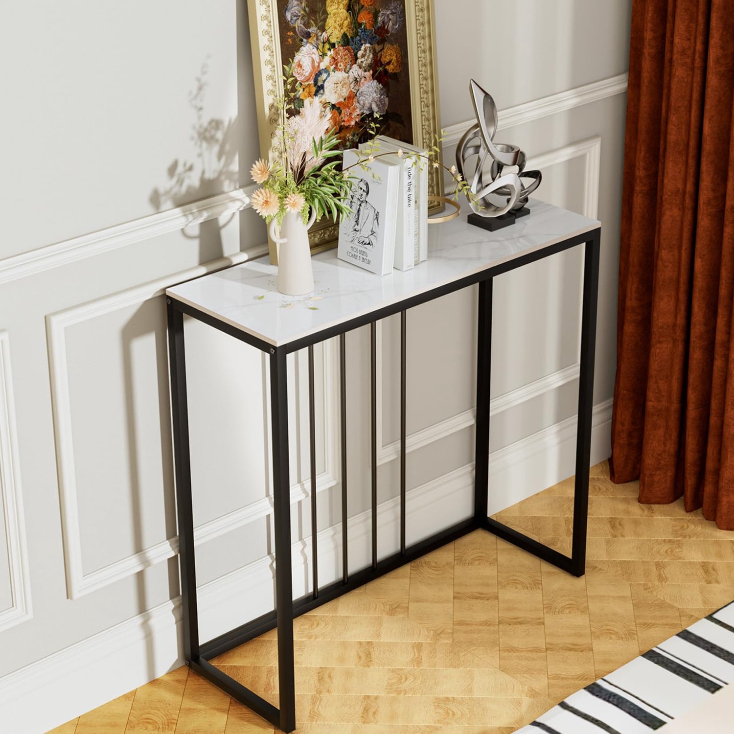Moderne Console Tafel met Marmeren Blad en Metaal Frame