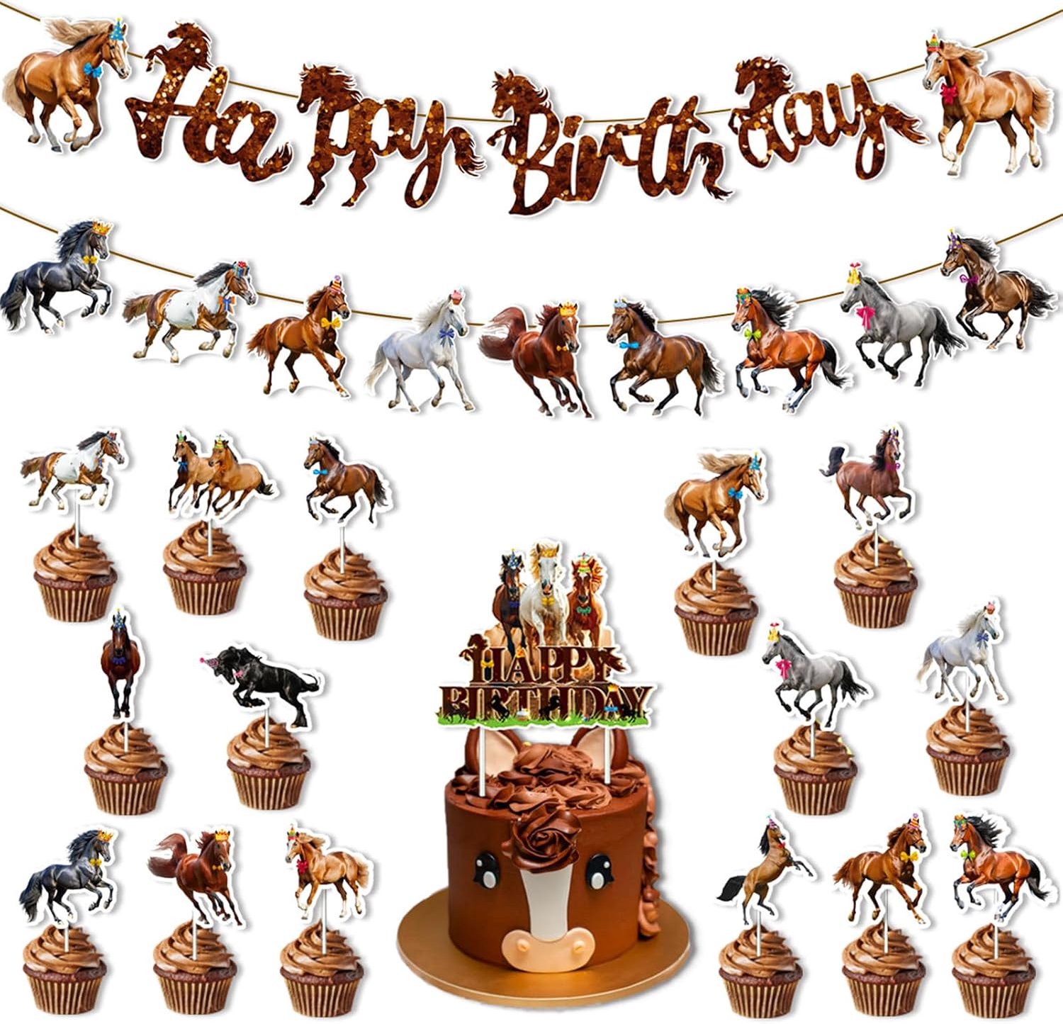 Dailygoods- Verjaardagsbanner Paardenthema - Verjaardagsfeestdecoraties - Cowboy Decoratie - Taart/Cupcaketoppers - Elegante Sfeer - Kwaliteitsmateria
