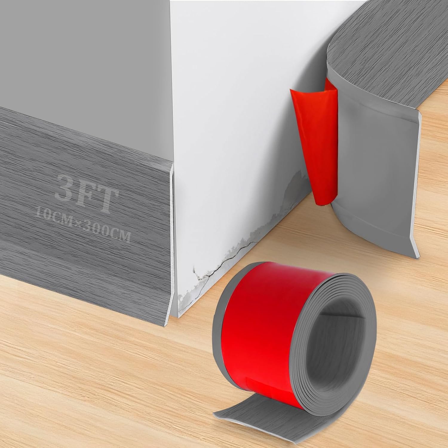 Zachte plint - zelfklevend - 300 cm x 10 cm - Grijs houtnerf - pvc - knikstrip voor keuken en badkamer - zelfklevende eindstrip