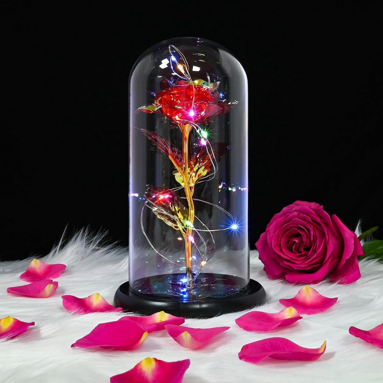 Glazen roos - kleurrijke verlichting - unieke cadeau voor haar - perfect voor Valentijnsdag - Luxento
