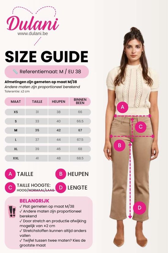 Maattabel voor damesbroeken met afmetingen voor taille, heupen en binnenbeenlengte in centimeters.