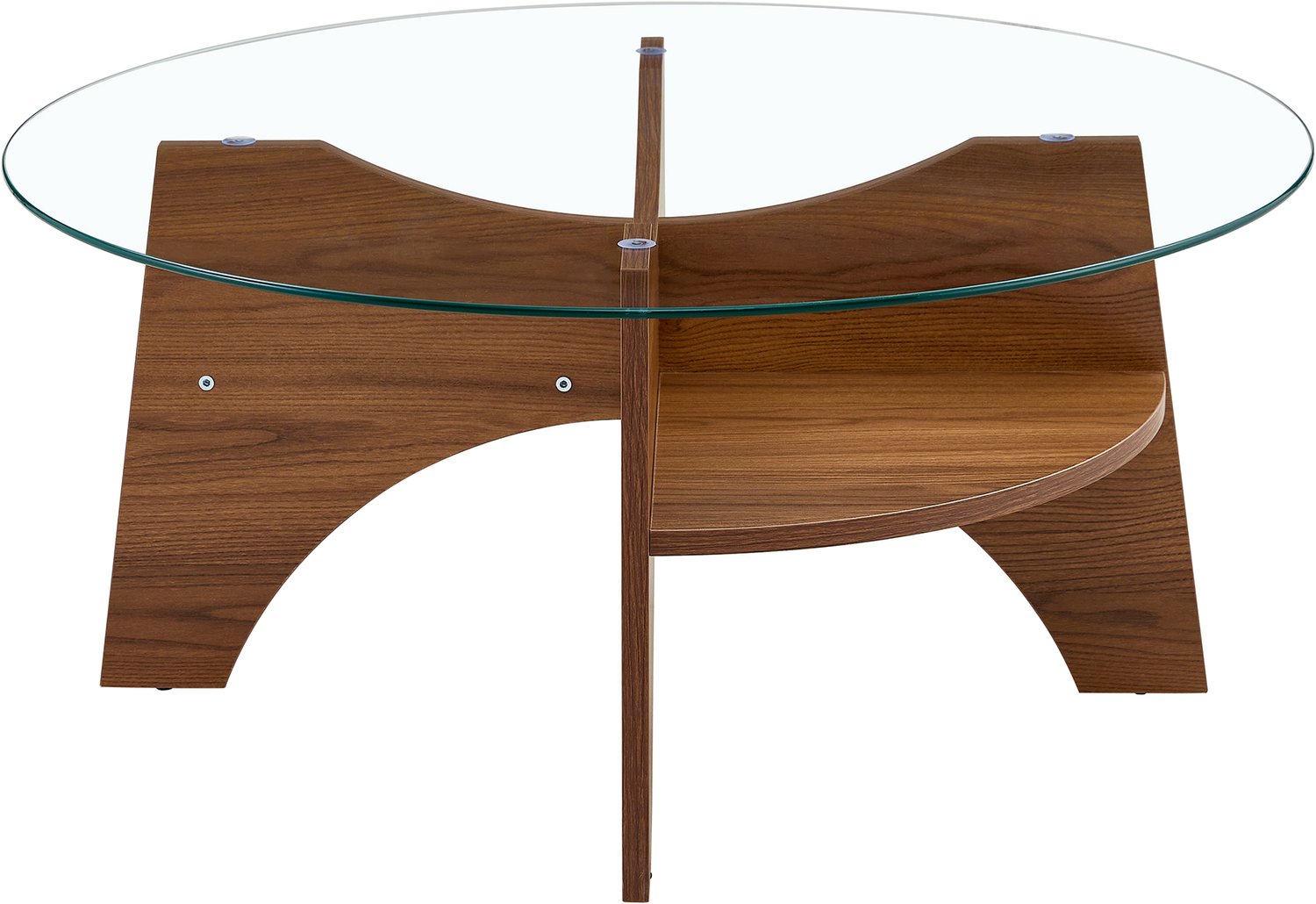 SONNENH Ronde glazen salontafel met waaiervormig MDF-onderstel - Walnootlook - Diameter 80 cm Walnootlook en transparant
