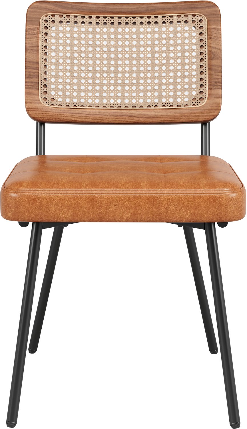 SONNENH Eetkamerstoelen set van 2 met bruin kunstleer, PE-rotanlook rug en zwarte metalen poten Bruin, naturel en zwart