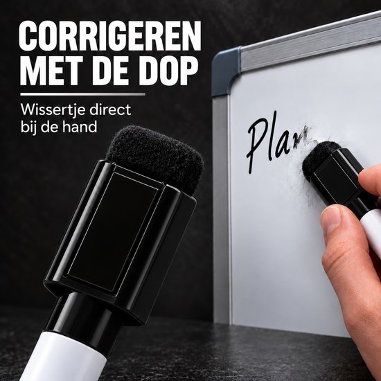 BlackBear Whiteboardmarkers - Zwart - 4 stuks - Met zwarte wisser - Magnetische dop met wissertje - Droog uitwisbaar