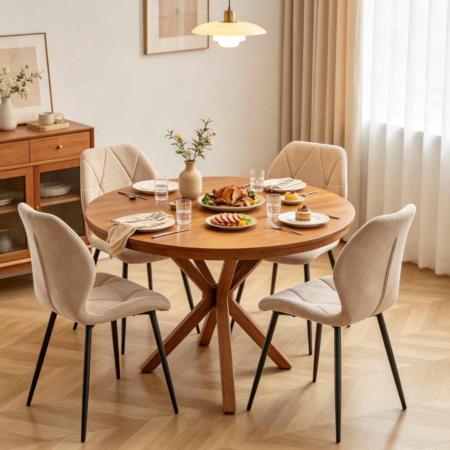 SONNENH Eetkamerstoelen set van 4 met beige stoffen bekleding, diamantstiksel en zwarte metalen poten Beige en zwart