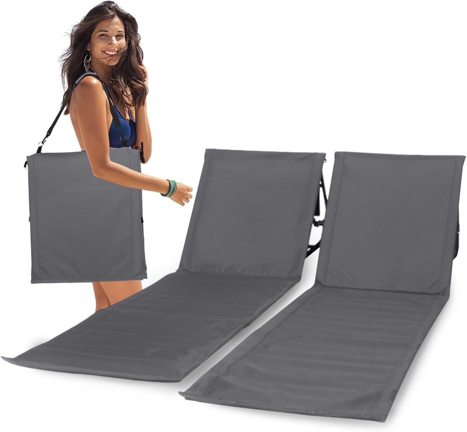 SnelShoppen - Set van 2 Strandmatten met Verstelbare Rugleuning - Comfortschuim, Ultralicht en Opvouwbaar, Grijs - Perfect voor Strand, Camping en Tui
