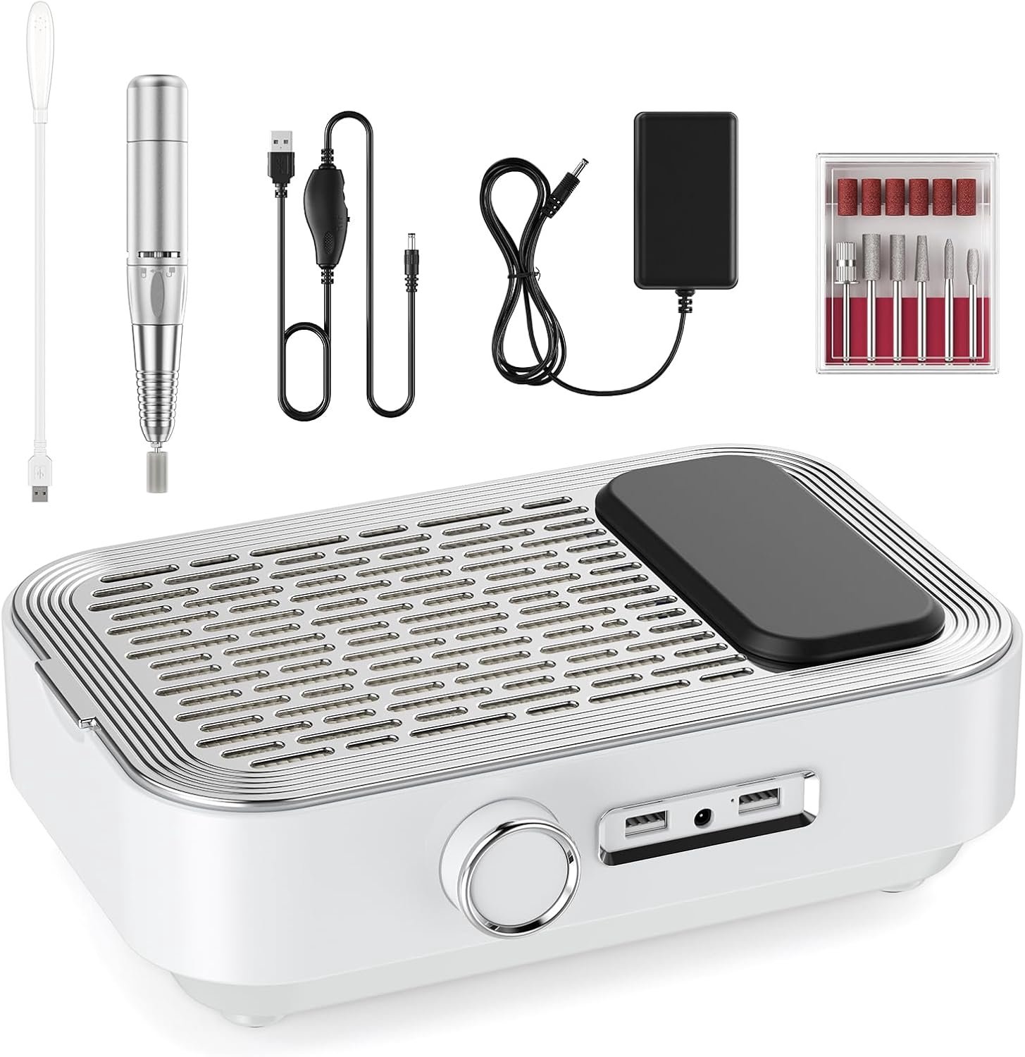 SnelShoppen - 4-in-1 Elektrische Vijl met Stofzuiger, LED Lamp en Powerbank - 45.000 rpm Professionele Nagelverzorging voor Thuis en Salon - Wit